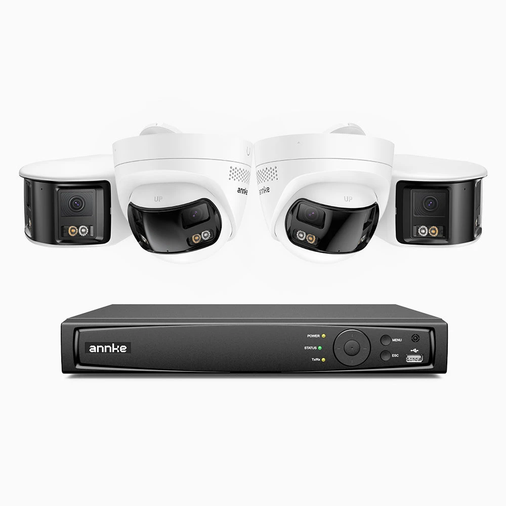 FDH600 - 8 Channel PoE Security System with 2 Bullet & 2 Turret Dual Lens Cameras, 6MP Resolution, 180° Panoramic View, Smart Dual Light Night Vision, Two-Way Audio, Active Siren & Alarm, Human & Veh…