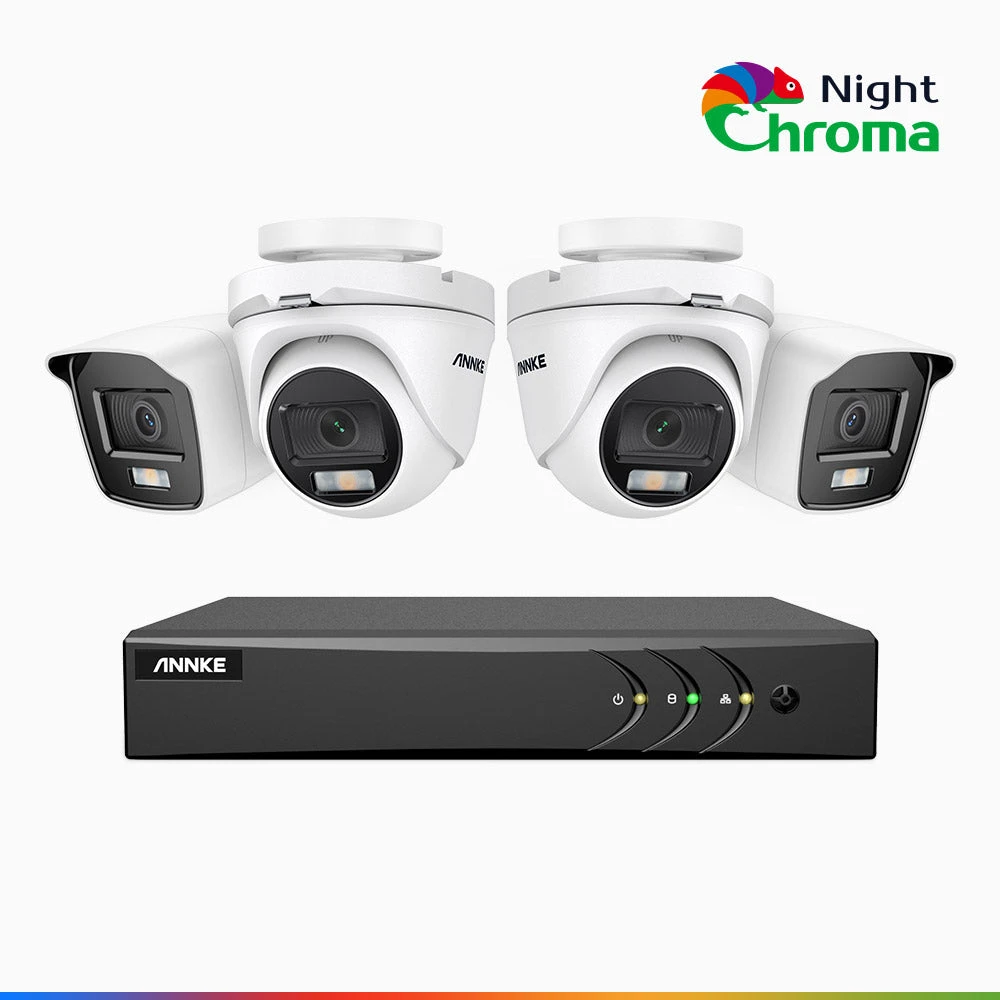 NightChromaTM NAK200 - 1080P 4 Channel Wired CCTV System with 2 Bullet & 2 Turret Cameras, Acme Colour Night Vision, f/1.0 Super Aperture, 0.001 Lux, 121° FoV, Active Alignment