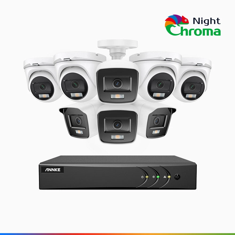 NightChromaTM NAK200 - 1080P 16 Channel Wired CCTV System with 4 Bullet & 4 Turret Cameras, Acme Colour Night Vision, f/1.0 Super Aperture, 0.001 Lux, 121° FoV, Active Alignment