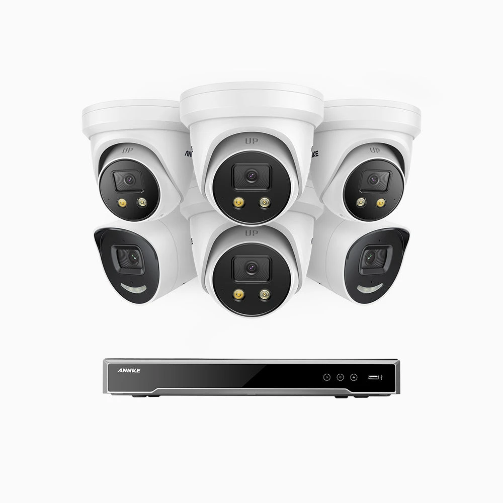 H800X - 4K 8 Channel PoE Security System with 2 Bullet & 4 Turret Cameras, 1/1.8'' BSI Sensor, f/1.6 Aperture (0.003 Lux), Siren & Strobe Alarm, 2CH 4K Decoding Capability, Human & Vehicle Detection,…