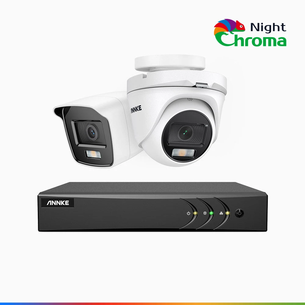 NightChromaTM NAK200 - 1080P 8 Channel Wired CCTV System with 1 Bullet & 1 Turret Cameras, Acme Colour Night Vision, f/1.0 Super Aperture, 0.001 Lux, 121° FoV, Active Alignment