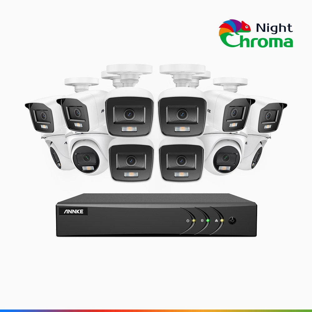 NightChromaTM NAK200 - 1080P 16 Channel Wired CCTV System with 8 Bullet & 4 Turret Cameras, Acme Colour Night Vision, f/1.0 Super Aperture, 0.001 Lux, 121° FoV, Active Alignment