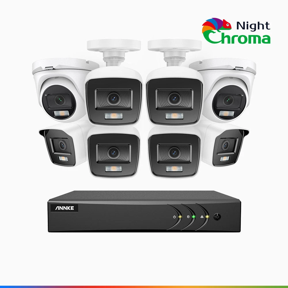 NightChromaTM NAK200 - 1080P 16 Channel Wired CCTV System with 6 Bullet & 2 Turret Cameras, Acme Colour Night Vision, f/1.0 Super Aperture, 0.001 Lux, 121° FoV, Active Alignment